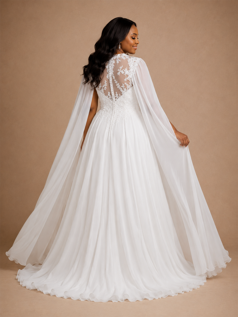 ChicSew Modern Illusion Long Cape Sleeves A-Line Lace Appliques Chiffon Maxi Wedding Dress