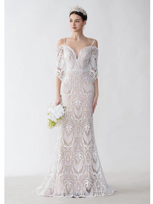 Sexy Mermaid Cold Shoulder V-neck Open Back Maxi Long Lace Wedding ...