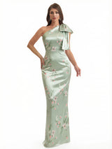 Elegant One Shoulder Mermaid Long Satin Floral Formal Dresses For Women With Back Slit