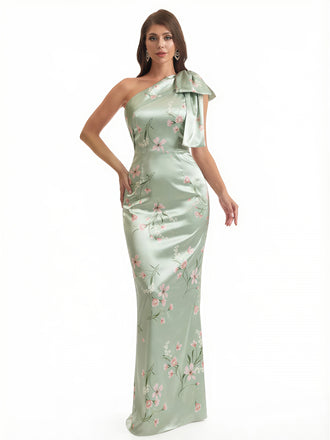 Elegant One Shoulder Mermaid Long Satin Floral Formal Dresses For Women With Back Slit