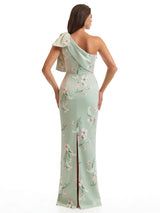 Elegant One Shoulder Mermaid Long Satin Floral Formal Dresses For Women With Back Slit