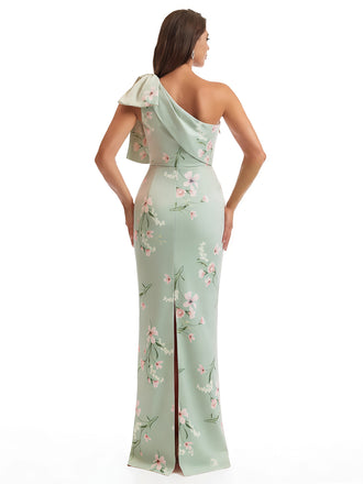 Elegant One Shoulder Mermaid Long Satin Floral Formal Dresses For Women With Back Slit