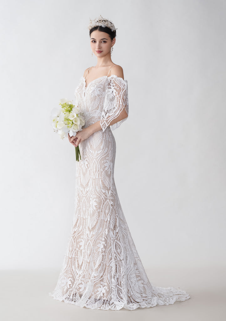Sexy Mermaid Cold Shoulder V-neck Open Back Maxi Long Lace Wedding ...