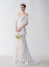 Sexy Mermaid Cold Shoulder V-neck Open Back Maxi Long Lace Wedding Dresses