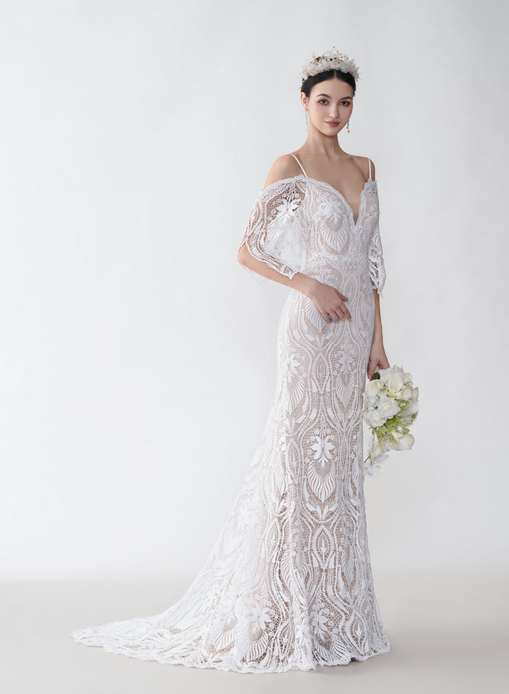 Sexy Mermaid Cold Shoulder V-neck Open Back Maxi Long Lace Wedding Dresses