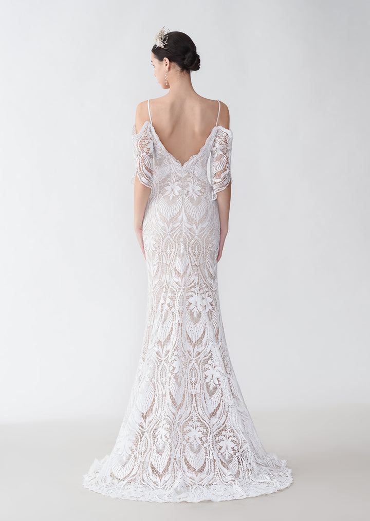 Sexy Mermaid Cold Shoulder V-neck Open Back Maxi Long Lace Wedding Dresses