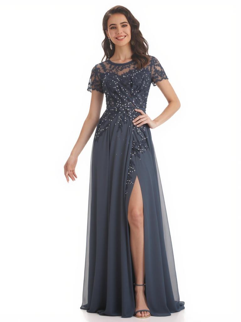 Elegant Chiffon Short Sleeves Side Slit Lace A-Line Floor Length Mother Of The Bride Dresses