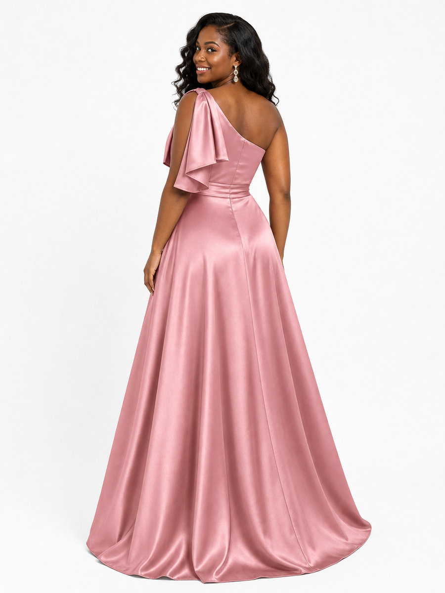 ChicSew Elegant One Shoulder Soft Satin A-Line Long Bridesmaid Dresses With Bow