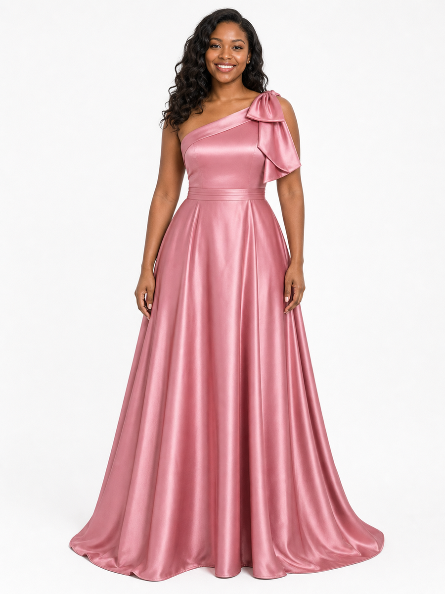 ChicSew Elegant One Shoulder Soft Satin A-Line Long Bridesmaid Dresses With Bow