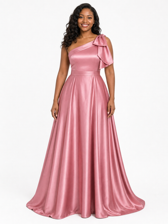 ChicSew Elegant One Shoulder Soft Satin A-Line Long Bridesmaid Dresses With Bow