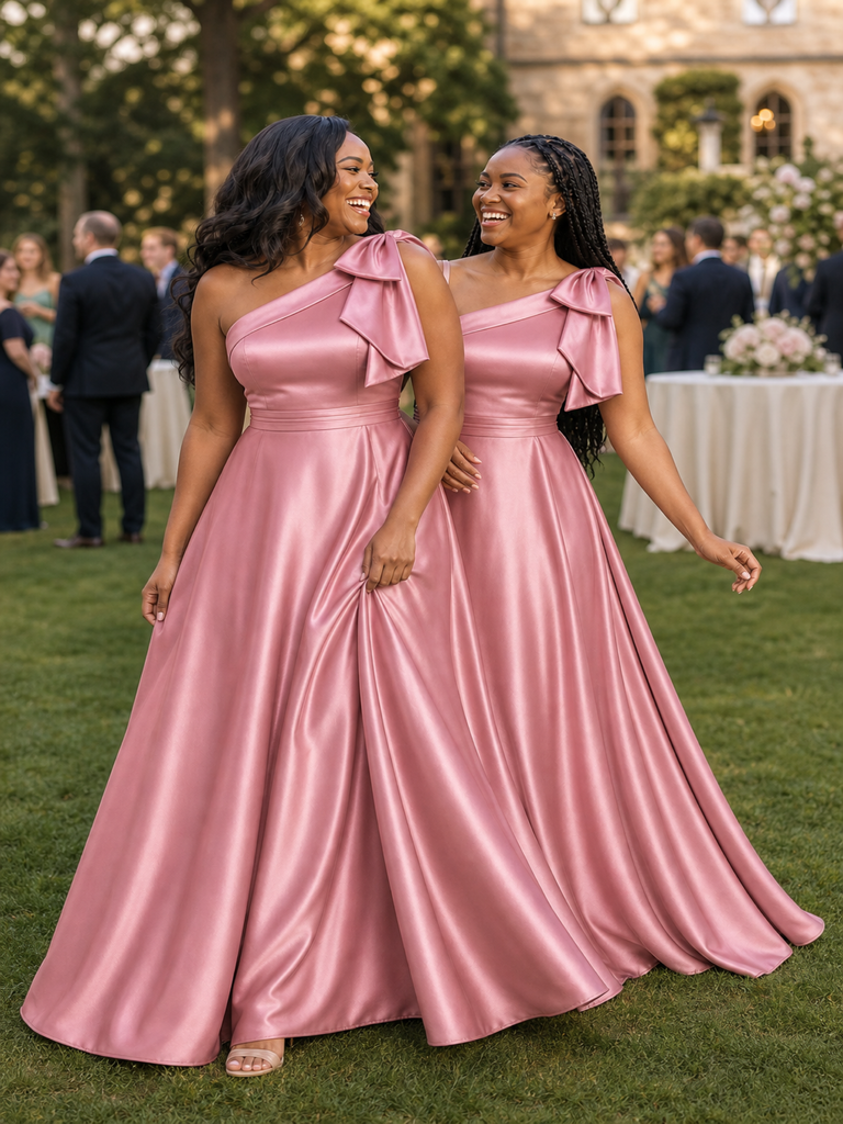 ChicSew Elegant One Shoulder Soft Satin A-Line Long Bridesmaid Dresses With Bow