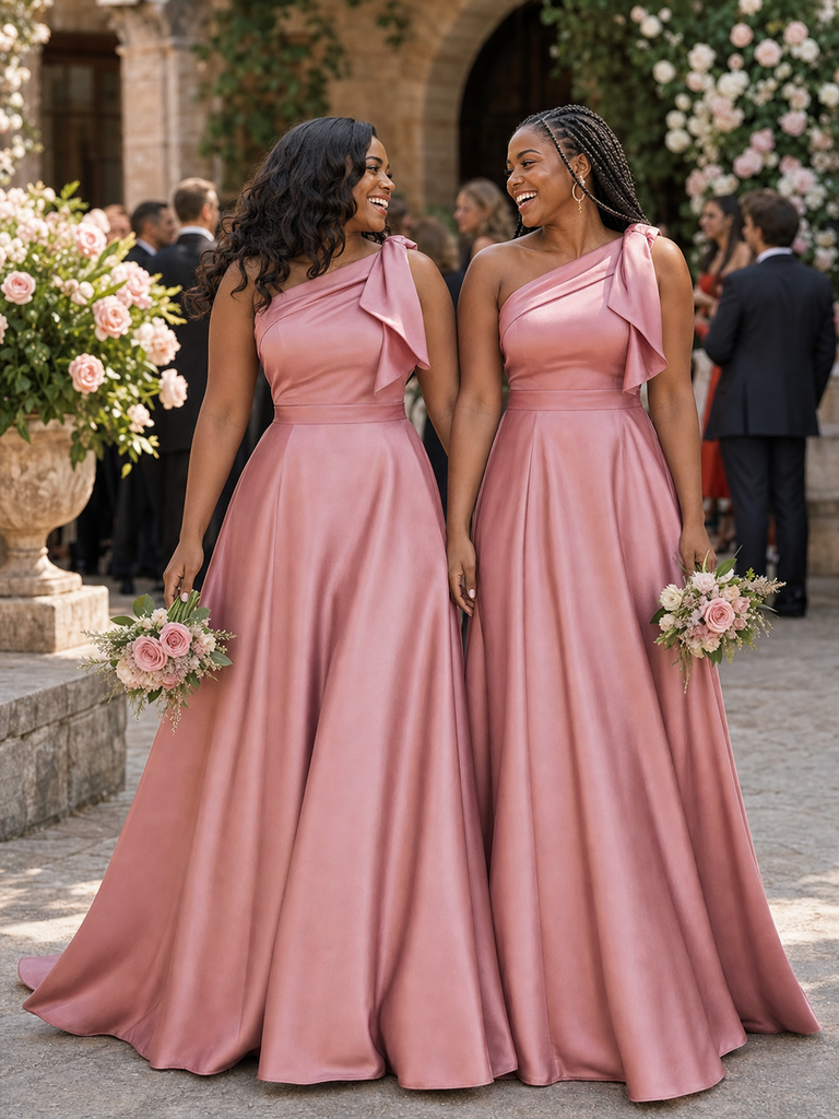 ChicSew Elegant One Shoulder Soft Satin A-Line Long Bridesmaid Dresses With Bow