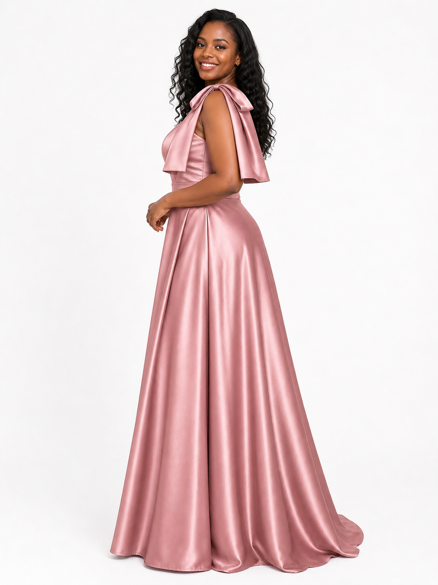 ChicSew Elegant One Shoulder Soft Satin A-Line Long Bridesmaid Dresses With Bow