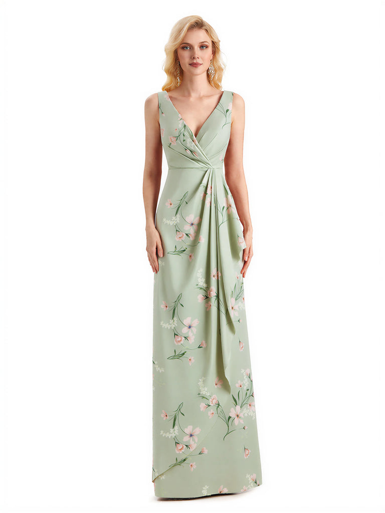 Beautiful Mermaid V-Neck Floral Satin Maxi Floral Formal Dresses For Women