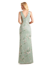 Beautiful Mermaid V-Neck Floral Satin Maxi Floral Formal Dresses For Women