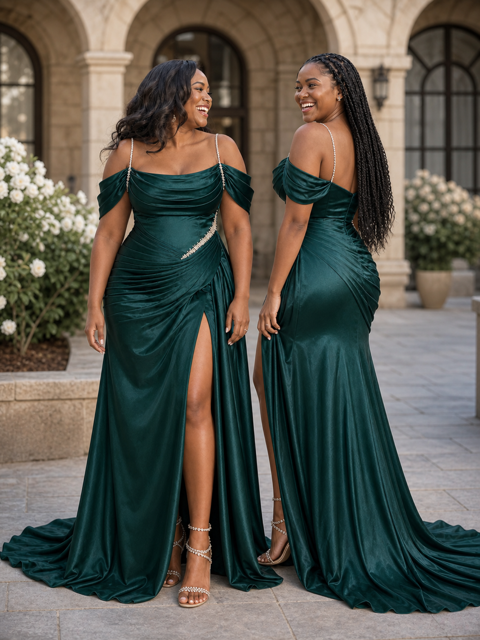 ChicSew Fancy Spaghetti Straps Rhinestone Side Slit Mermaid Ruched Soft Satin Long Bridesmaid Dresses