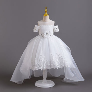 Flower Girls Dress Elegant Rhinestone Off-shoulder A-line with Train Princess Gown for Wedding