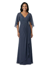 ChicSew V-Neck Lace Cape Overlay Layered Chiffon Floor-Length Casual Mother of the Bride Dresses