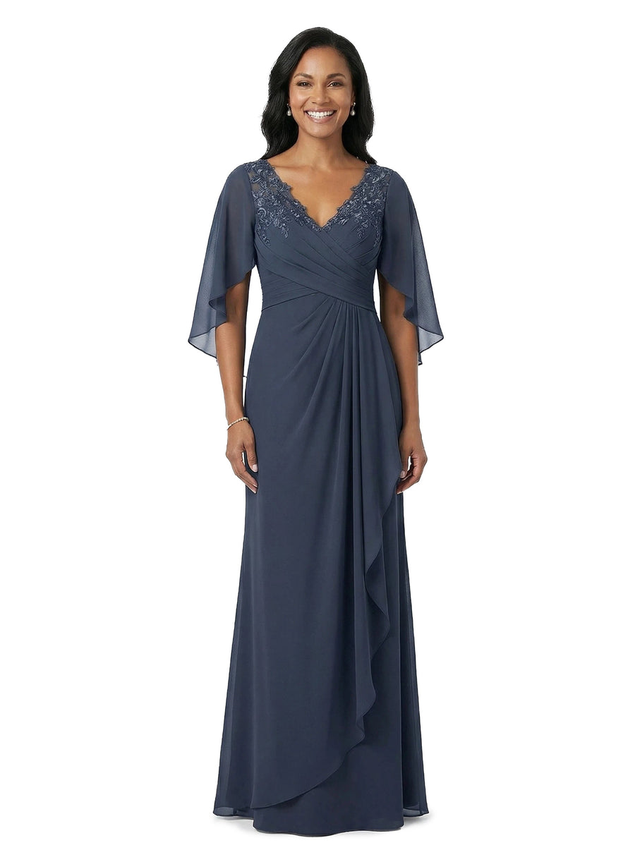 ChicSew V-Neck Lace Cape Overlay Layered Chiffon Floor-Length Casual Mother of the Bride Dresses