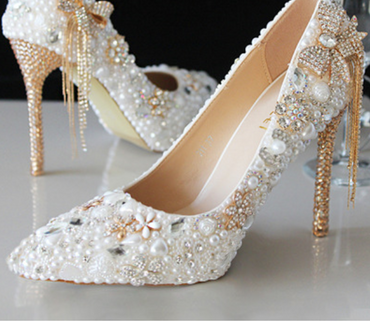 Women's Wedding Shoes Pearl Crystal High Heel Decorative Heel Bridal Shoes,H30