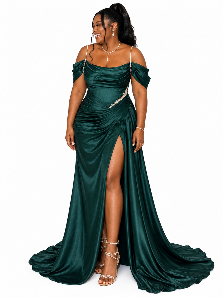 ChicSew Fancy Spaghetti Straps Rhinestone Side Slit Mermaid Ruched Soft Satin Long Bridesmaid Dresses