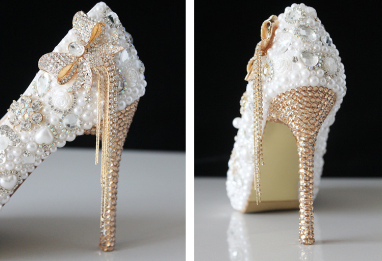 Women's Wedding Shoes Pearl Crystal High Heel Decorative Heel Bridal Shoes,H30