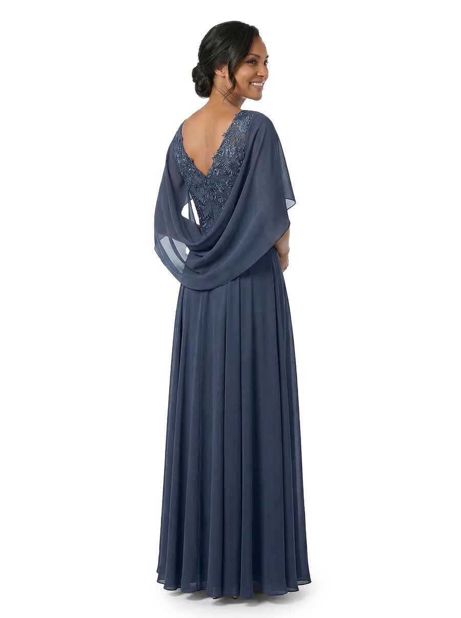 ChicSew V-Neck Lace Cape Overlay Layered Chiffon Floor-Length Casual Mother of the Bride Dresses