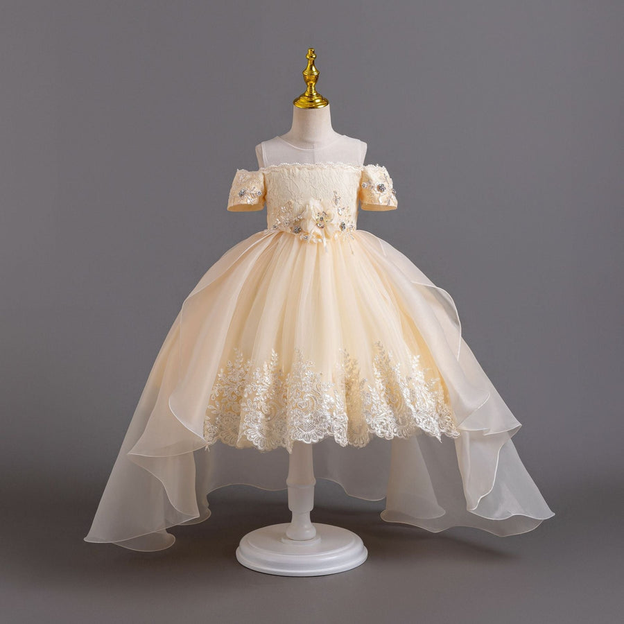 Flower Girls Dress Elegant Rhinestone Off-shoulder A-line with Train Princess Gown for Wedding