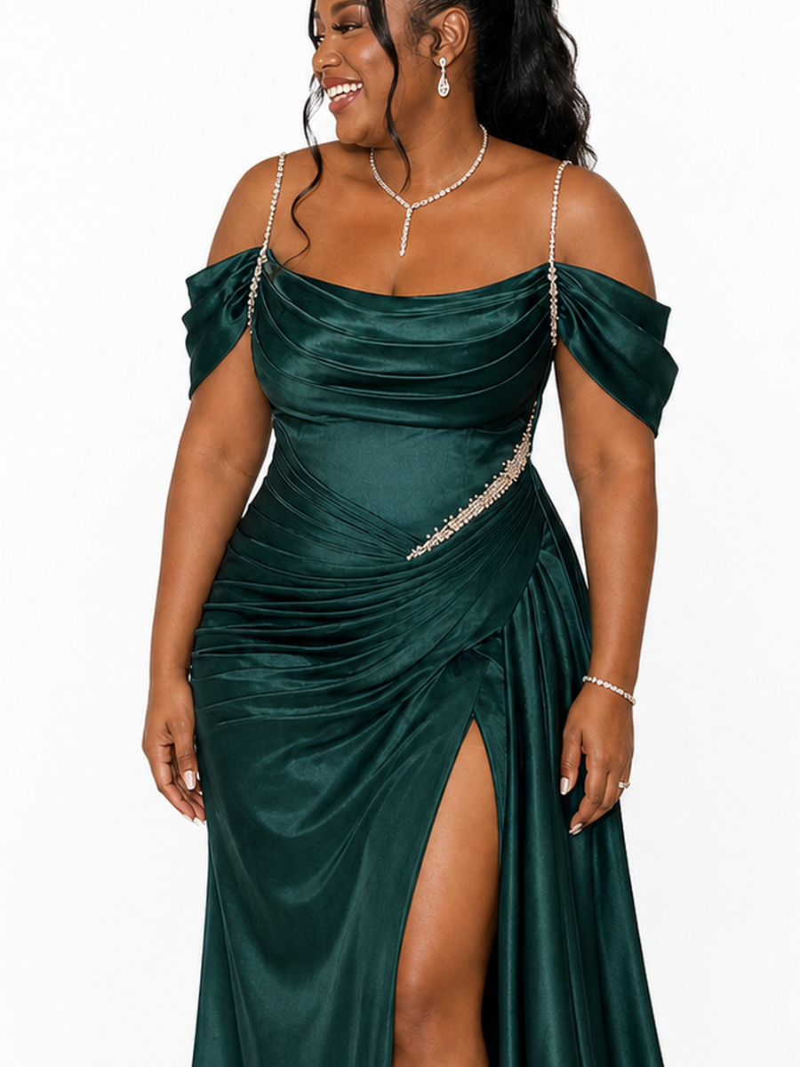 ChicSew Fancy Spaghetti Straps Rhinestone Side Slit Mermaid Ruched Soft Satin Long Bridesmaid Dresses