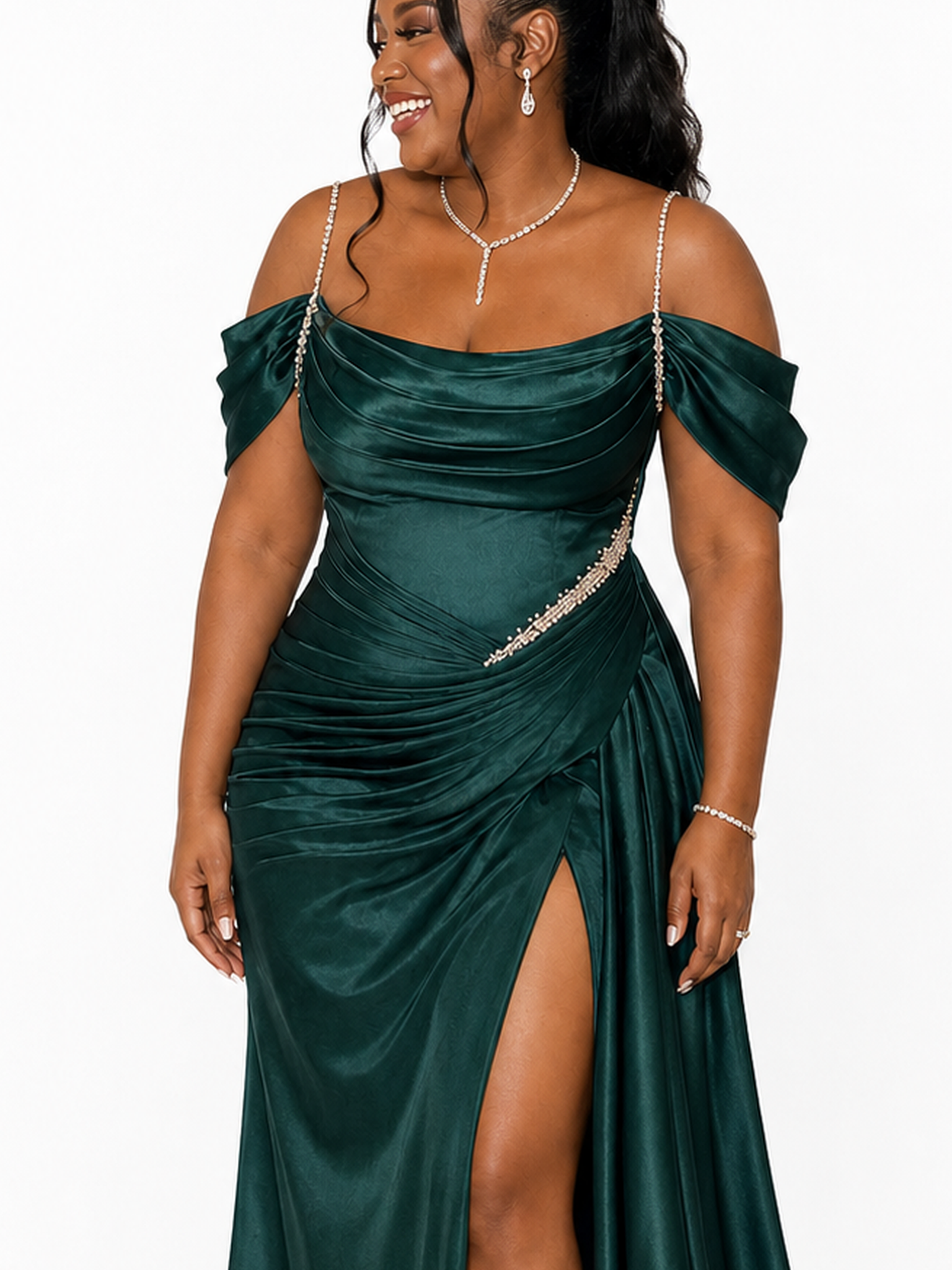 ChicSew Fancy Spaghetti Straps Rhinestone Side Slit Mermaid Ruched Soft Satin Long Bridesmaid Dresses