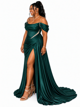 ChicSew Fancy Spaghetti Straps Rhinestone Side Slit Mermaid Ruched Soft Satin Long Bridesmaid Dresses