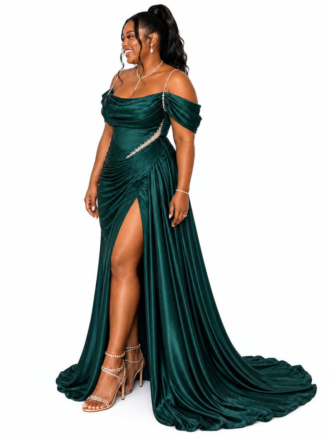ChicSew Fancy Spaghetti Straps Rhinestone Side Slit Mermaid Ruched Soft Satin Long Bridesmaid Dresses