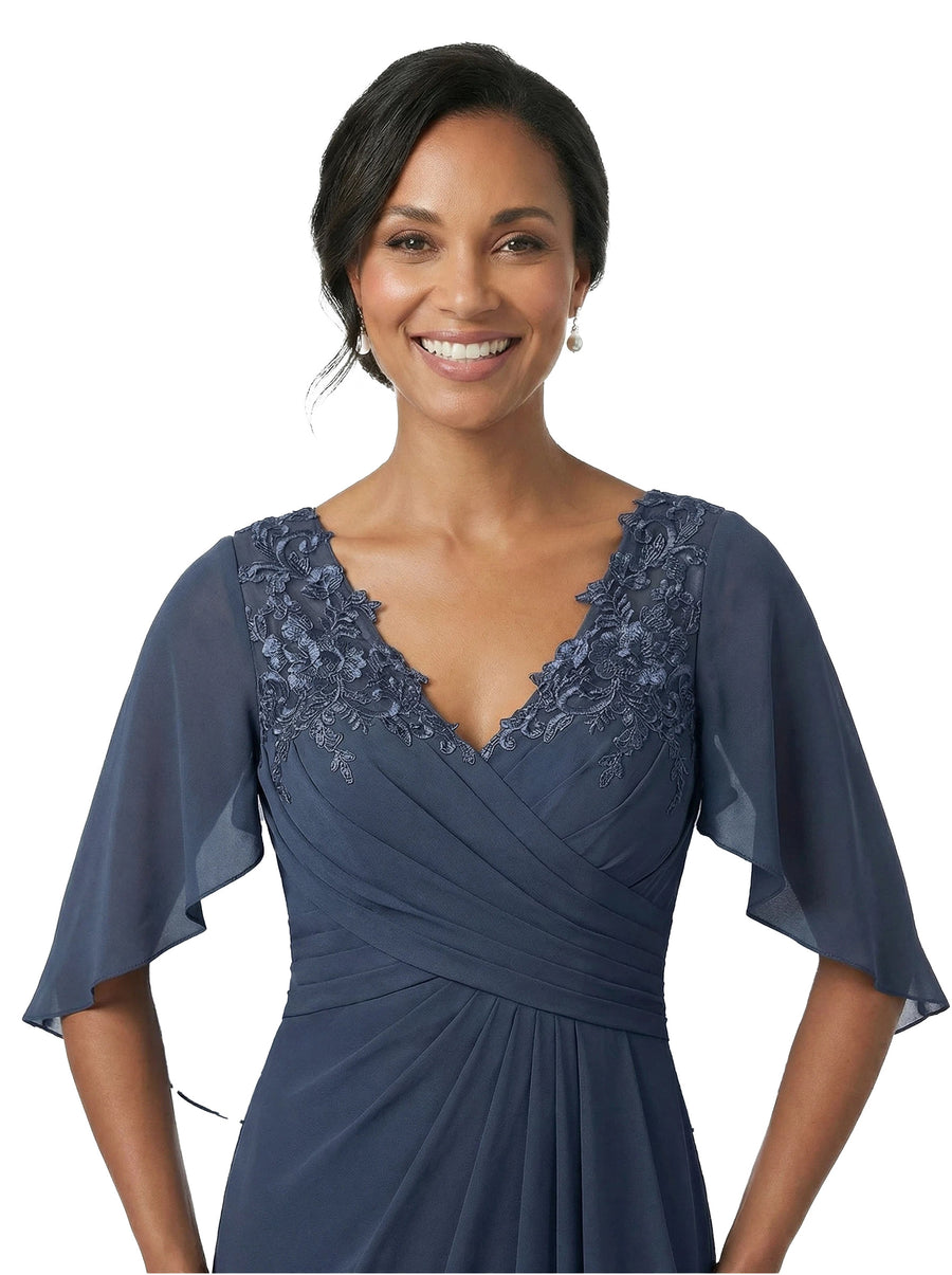 ChicSew V-Neck Lace Cape Overlay Layered Chiffon Floor-Length Casual Mother of the Bride Dresses