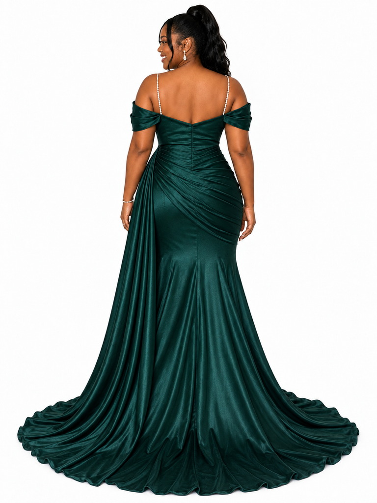 ChicSew Fancy Spaghetti Straps Rhinestone Side Slit Mermaid Ruched Soft Satin Long Bridesmaid Dresses