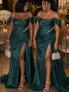 ChicSew Fancy Spaghetti Straps Rhinestone Side Slit Mermaid Ruched Soft Satin Long Bridesmaid Dresses
