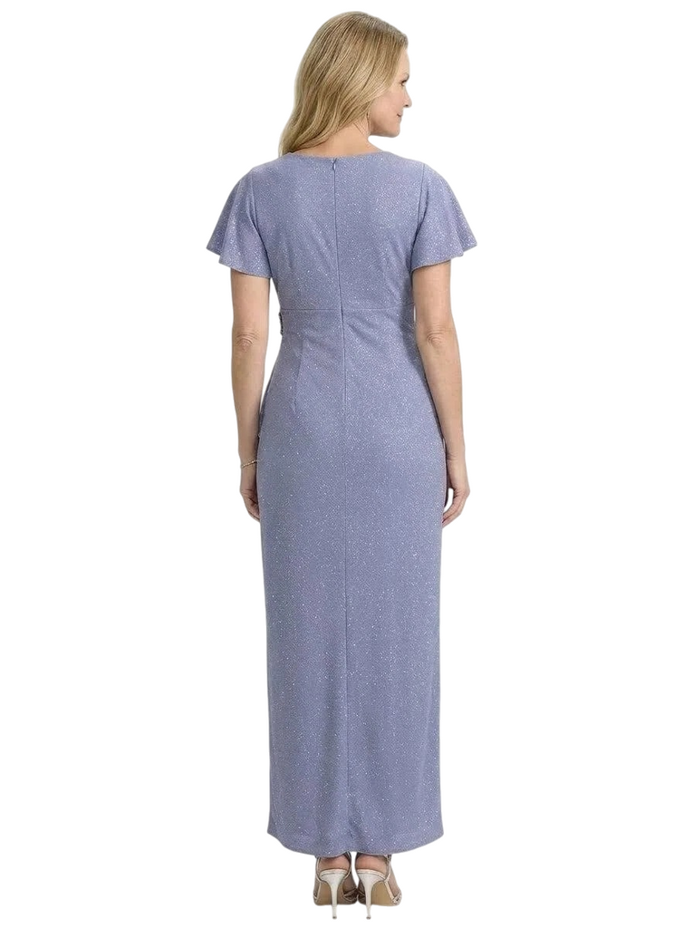 Chicsew Classy V-Neck Sheath Short Sleeves Glitter Jersey Mother Of The Groom Dress Ruched Evening Gown