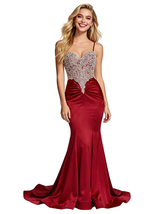 Stunning Beaded Satin Prom Gown Unique Mermaid Long Dress Spaghetti Straps