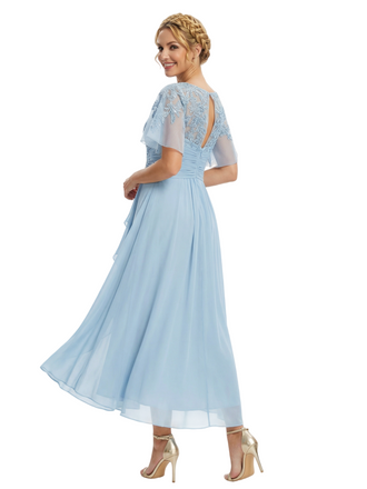 Unique Flutter Sleeves Lace Beaded Short Mother of the Groom Dresses