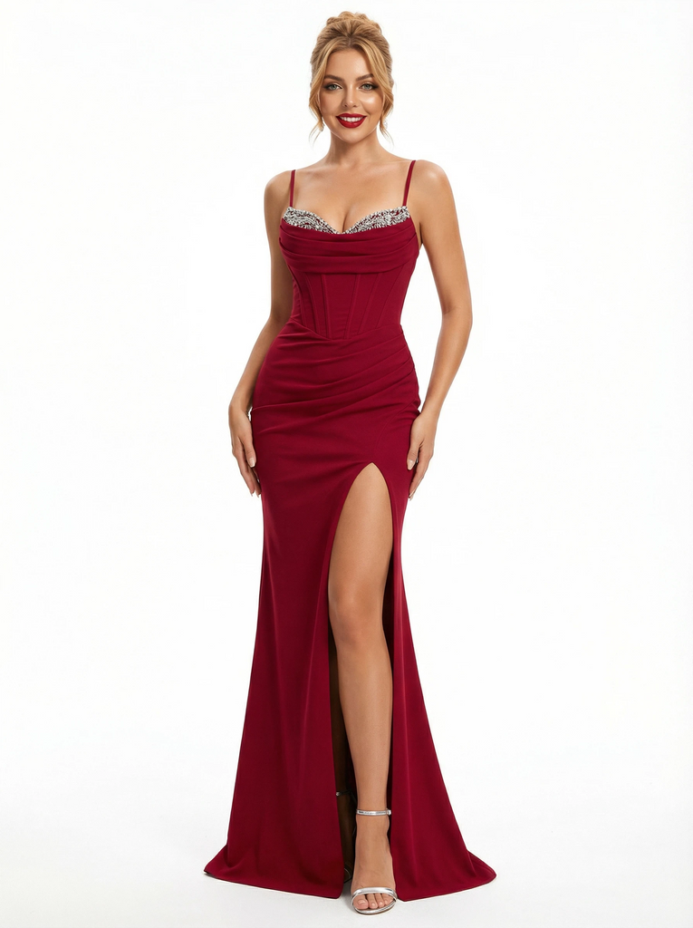 Beautiful Spaghetti Straps Mermaid Jersey Prom Dresses with Side Slit