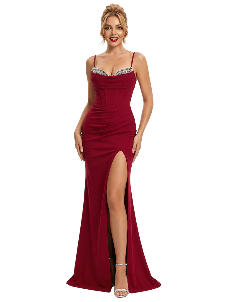 Elegant Spaghetti Straps V-Neck Rhinestone Beaded Mermaid Crepe Evening Prom Dresses