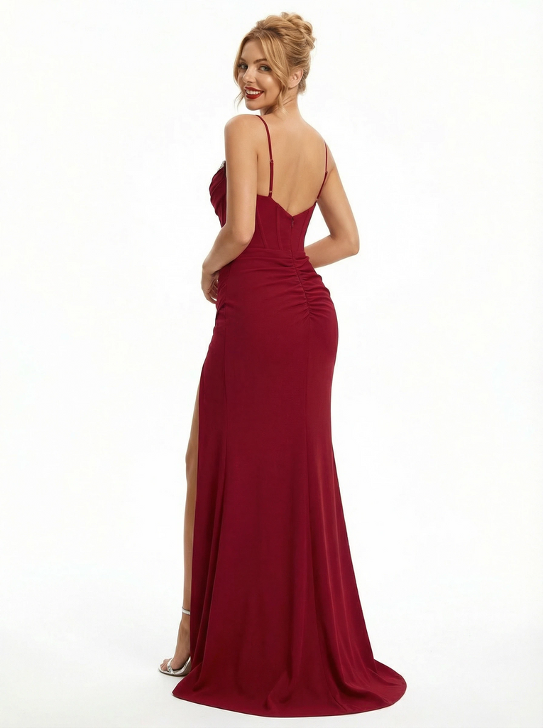 Beautiful Spaghetti Straps Mermaid Jersey Prom Dresses with Side Slit
