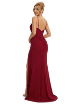Elegant Spaghetti Straps V-Neck Rhinestone Beaded Mermaid Crepe Evening Prom Dresses