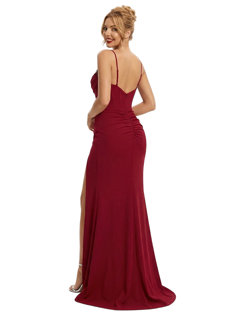 Elegant Spaghetti Straps V-Neck Rhinestone Beaded Mermaid Crepe Evening Prom Dresses