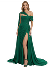 Elegant One Shoulder Side Slit Lace Ruched Mermaid Chiffon Formal Prom Dress With Waist Drape