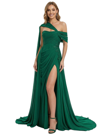 Elegant One Shoulder Side Slit Lace Ruched Mermaid Chiffon Formal Prom Dress With Waist Drape