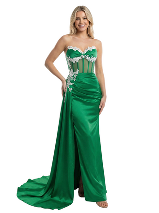Sexy Strapless Sweetheart Lace Corset Stain Mermaid Maxi Prom Dress