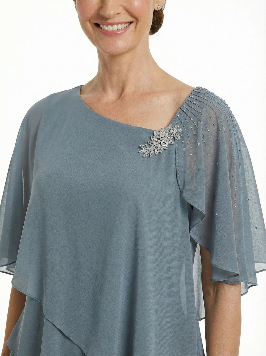 Morden Asymmetric Neck Chiffon Half Sleeves Mother Of The Bride Pantsuits Plus Size