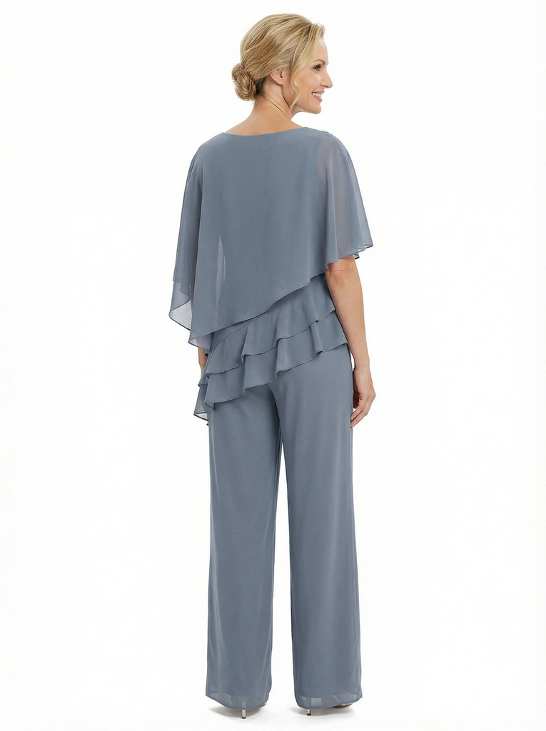 Morden Asymmetric Neck Chiffon Half Sleeves Mother Of The Bride Pantsuits Plus Size