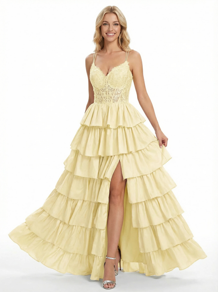 Sweet Spaghetti Straps V-neck A-line Side Slit Long Evening Prom Dresses with Ruffle