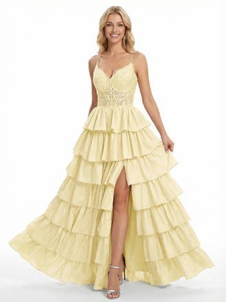 Sweet Spaghetti Straps V-neck A-line Side Slit Long Evening Prom Dresses with Ruffle